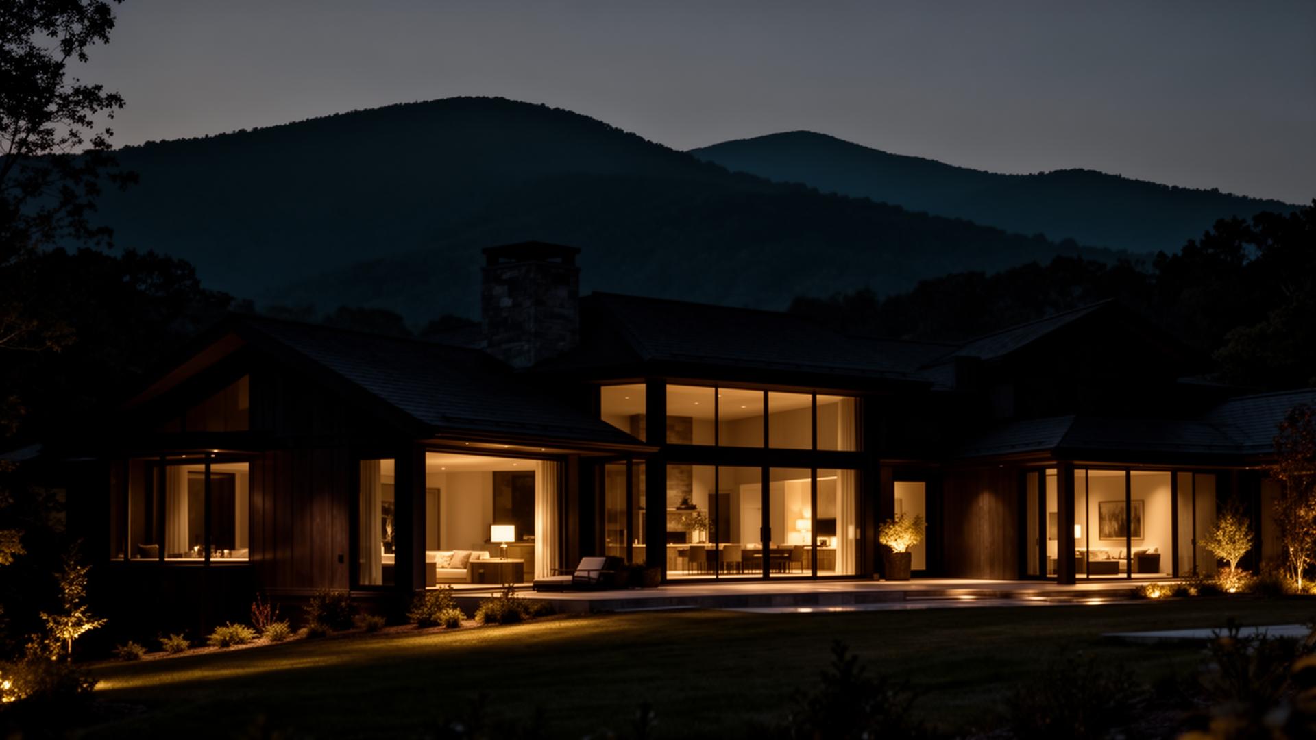Luxury home at dusk with Blue Ridge Mountains in the background